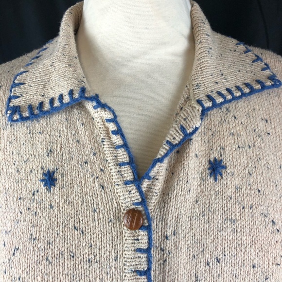 Teddi | Sweaters | Vintage Cardigan Teddi Medium Acrylic And Cotton Needlework Symbols Tan Blue 